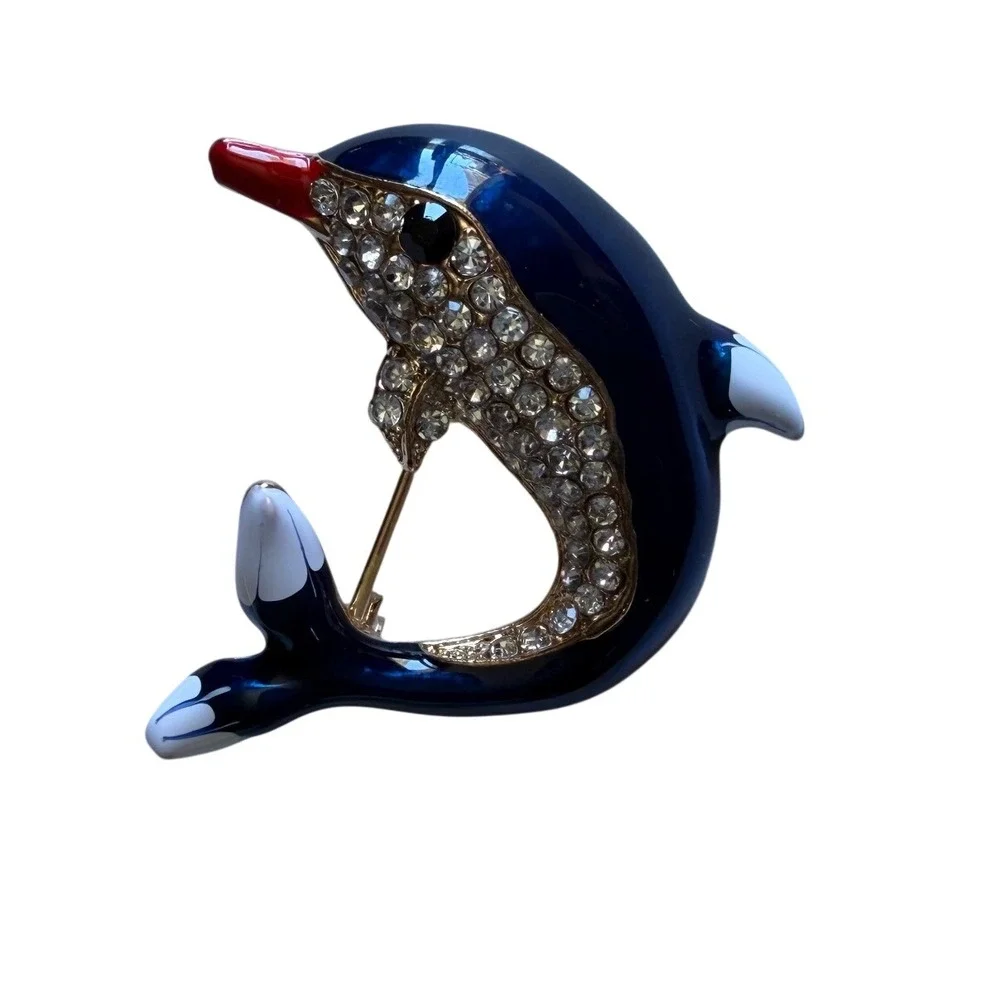 Vintage Enamel Dolphin Brooch Navy Blue Rhinestone Gold Tone Nautical Pin 1.5in
